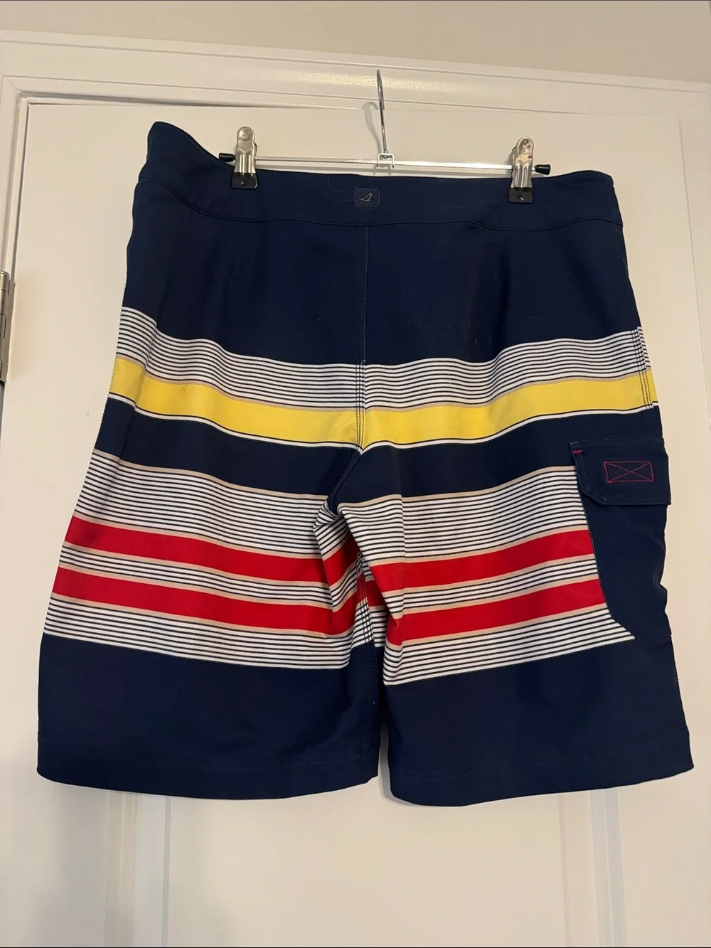Sperry Navy Board Shorts with Yellow & Red Stripes